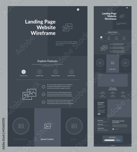 Website template design. Dark landing page site wireframe. One page site layout interface for your company.