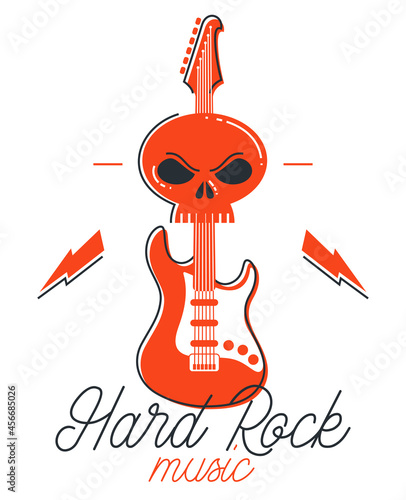 Hard rock and heavy metal emblem or logo vector flat style illustration isolated, electric guitar with dead skull, logotype for recording label or studio or musical band.