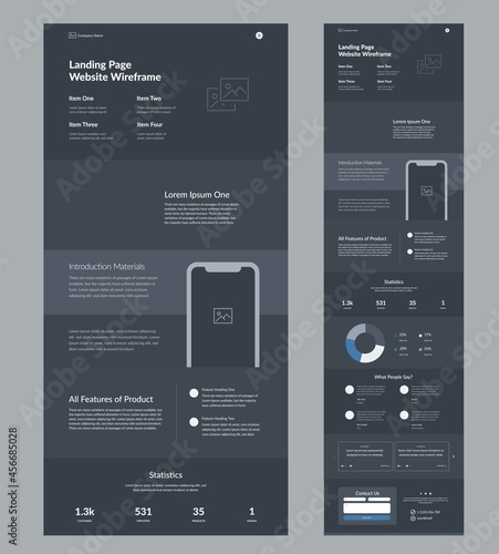 Website template design. Dark landing page site wireframe. One page site layout interface for your company.