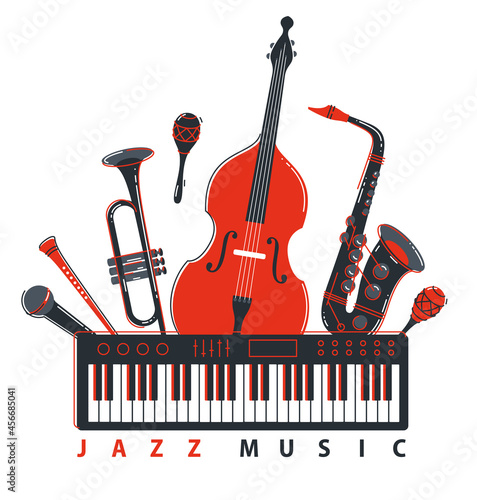 Jazz music band concept different instruments vector flat illustration isolated on white background, live sound festival or concert, musician different instruments set.