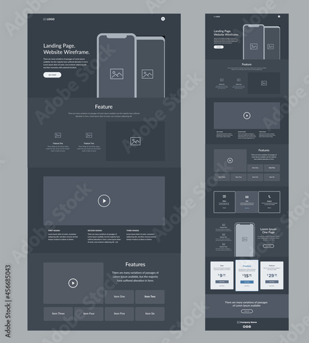 Website template design Dark landing page site wireframe.