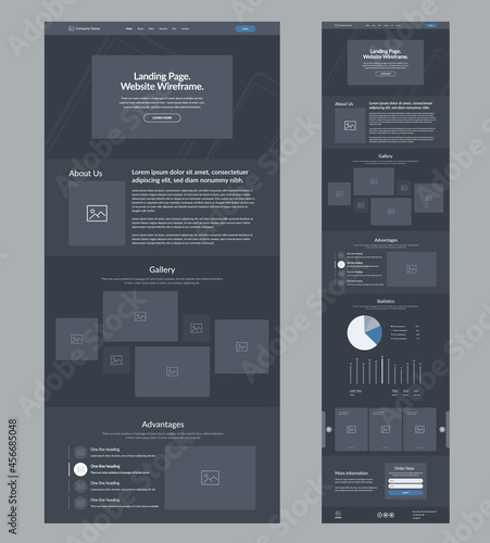 Website template design Dark landing page site wireframe.