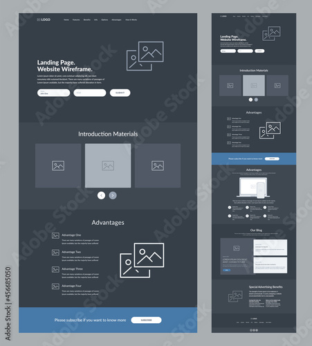Website template design Dark landing page site wireframe.