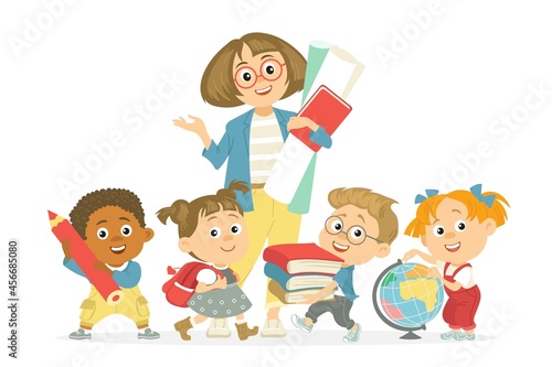 Students with teacher. Kids with pedagogue, woman surrounded by children with flowers bouquet, primary pupils characters, vector concept