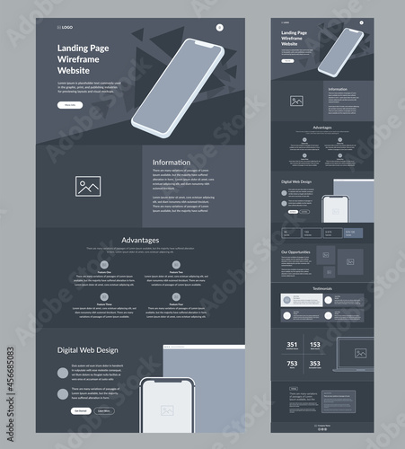 Website template design. Dark landing page site wireframe. One page site layout interface for your company.