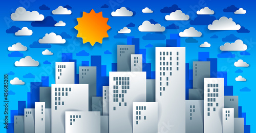 City houses buildings paper cut cartoon kids game style vector illustration, modern minimal design of cute cityscape, urban life, clouds in the sky.