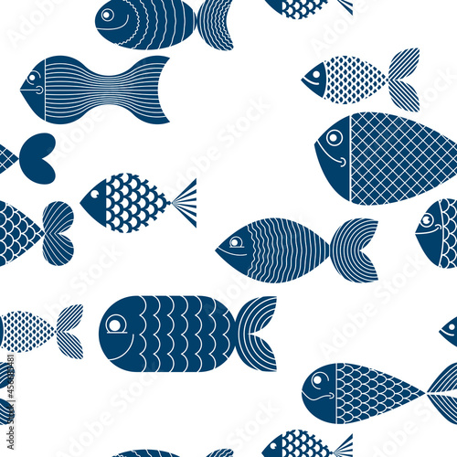 Funny cartoon fishes vector seamless background, cute childish pattern for children textile or wrapping paper or packaging for seafood products.