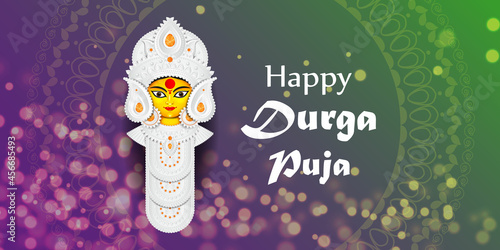 illustration of Goddess Durga Face in Happy Durga Puja, Subh Navratri abstract background, the written text means Durga Puja