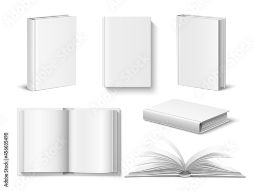 Realistic books mockup. White blank opened and closed book with hardcover, different angles, top and front view, empty pages, vector set