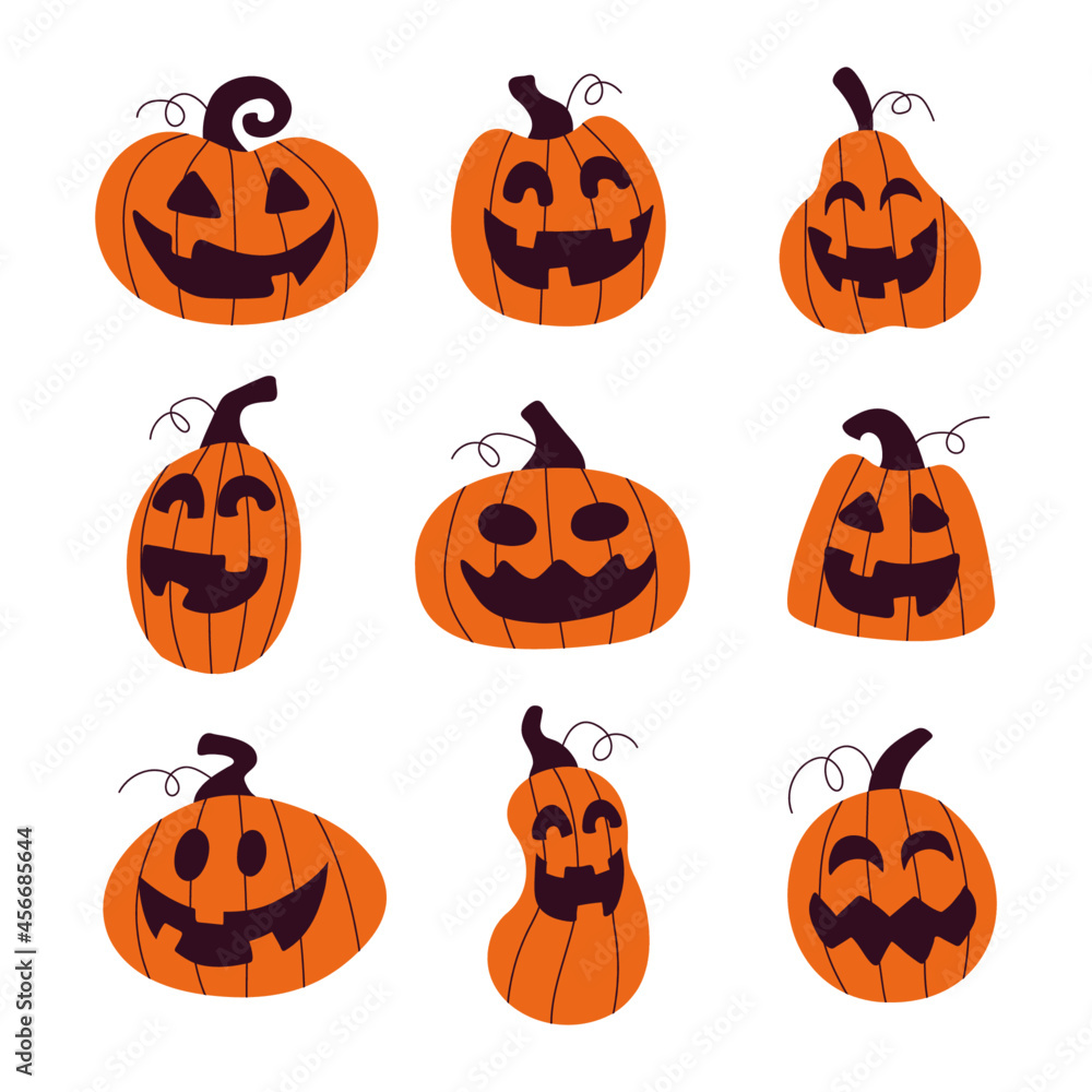 Cute pumpkins with carving face vector set. Cartoon happy halloween illustrations
Cute pumpkins with carving face vector set. Cartoon happy halloween illustrations
