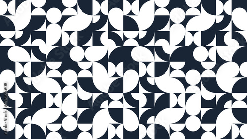 Geometric abstract seamless pattern with black and white simple elements of geometry, wallpaper background in retro 70s style, Bauhaus constructive style tiles.