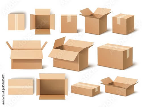 Realistic boxes. 3d cardboard opened and closed packaging template, shipping containers, post delivery, empty paper objects, vector set © VectorBum