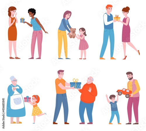 Family give gifts. Multi age characters make pleasant surprises for each other, family holiday, decorated boxes, kids and adults, vector set