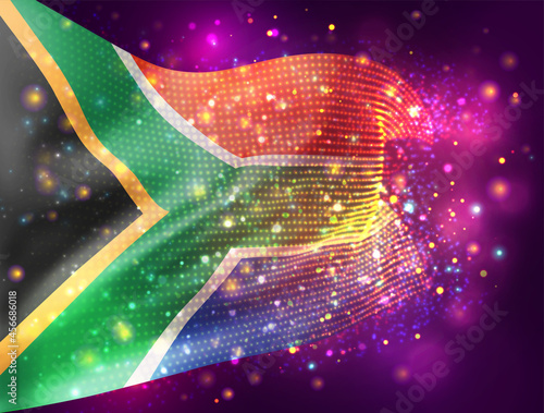 South Africa,  vector 3d flag on pink purple background with lighting and flares