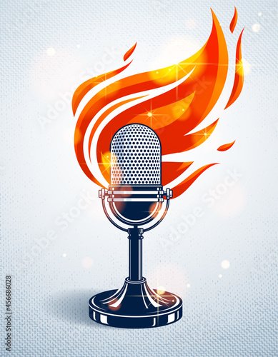 Vintage microphone on fire, hot mic in flames, studio recording music, on the air typing, vector logo or illustration, live radio translation, standup comedy, t-shirt print.