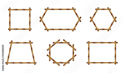 Realistic bamboo frames. Japanese style, natural borders, different shapes wall pictures decor, eco frameworks, plants products, vector set