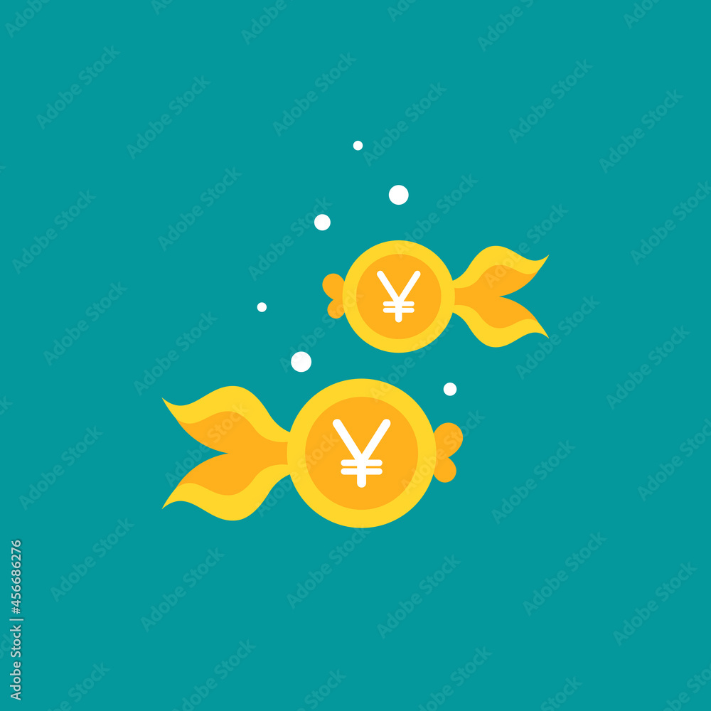 Goldfish. Yen coin as golden fish. Flat icon isolated on blue background. Goldfish. Yen coin as golden fish. Flat icon isolated on blue background.