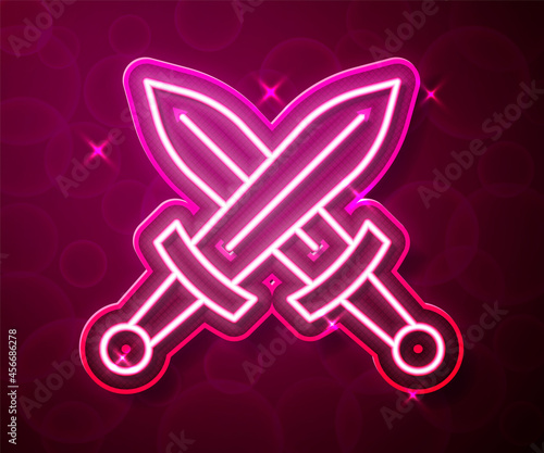Glowing neon line Crossed medieval sword icon isolated on red background. Medieval weapon. Vector