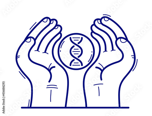Two hands with DNA icon protecting and showing care vector flat style illustration isolated on white, cherish and defense for health concept, medical research.