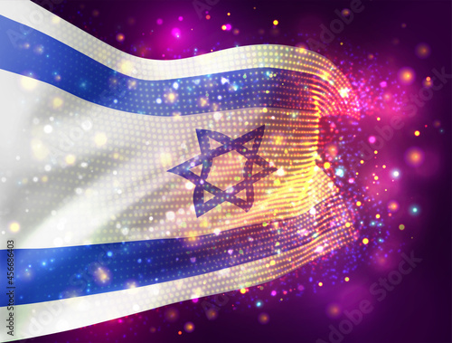 Israel, vector 3d flag on pink purple background with lighting and flares