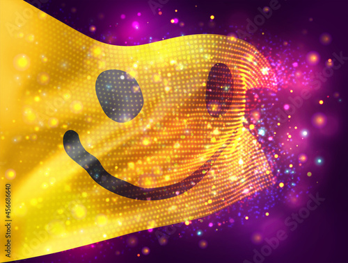cheerful yellow smile vector 3d flag on pink purple background with lighting and flares