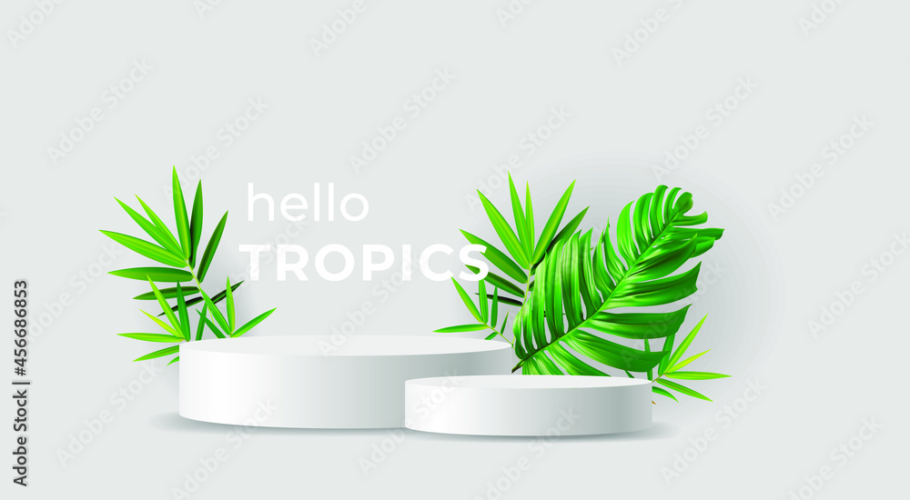 Hello tropics 3d minimal background with ropy green leaves and product podium. 3d palm leaves background for design of summer banners, posters, advertisements, cards, sales. EPS10 vector - obrazy, fototapety, plakaty 