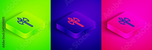Isometric line Medieval axe icon isolated on green, blue and pink background. Battle axe, executioner axe. Medieval weapon. Square button. Vector