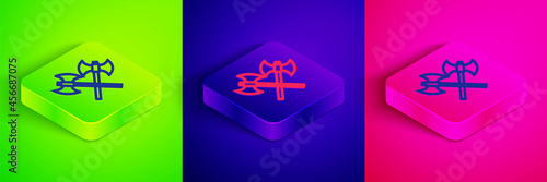 Isometric line Crossed medieval axes icon isolated on green, blue and pink background. Battle axe, executioner axe. Medieval weapon. Square button. Vector