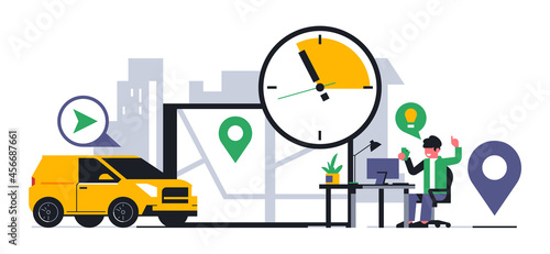 Online food delivery service. An office worker got the idea to order food delivery. City, office, work desk, lunch break, courier car, time, watch, map, street, location, gps. Vector illustration. © kostymo