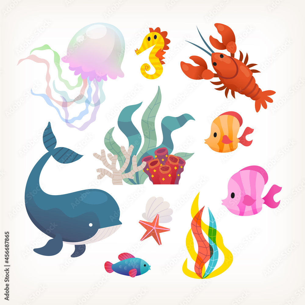Collection of sea animals and plants. Fish lobsters mammals and sea weeds. Isolated vector images. Collection of sea animals and plants. Fish lobsters mammals and sea weeds. Isolated vector images.