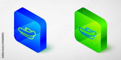 Isometric line Inflatable boat with outboard motor icon isolated grey background. Blue and green square button. Vector