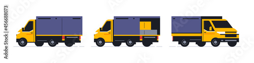 A set of trucks for an online parcel delivery service. Transport for delivery of orders. Truck front and back views. Transport with open doors and parcels inside. Vector illustration.