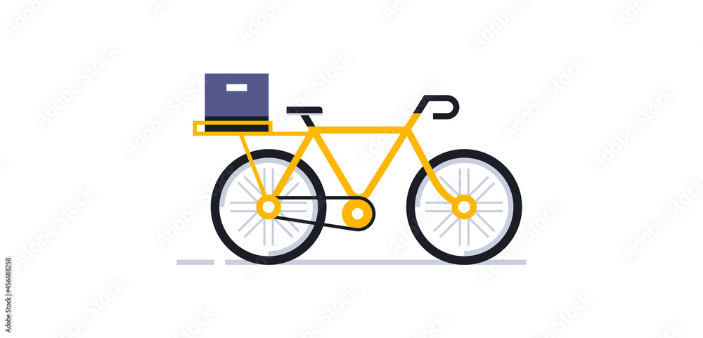 A bicycle for an online delivery service for parcels and food to your home. Yellow bike postman side view. Cycle, bike, wheel, box, parcel. Vector illustration isolated on white background.