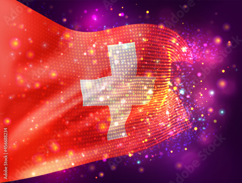 Switzerland, vector 3d flag on pink purple background with lighting and flares