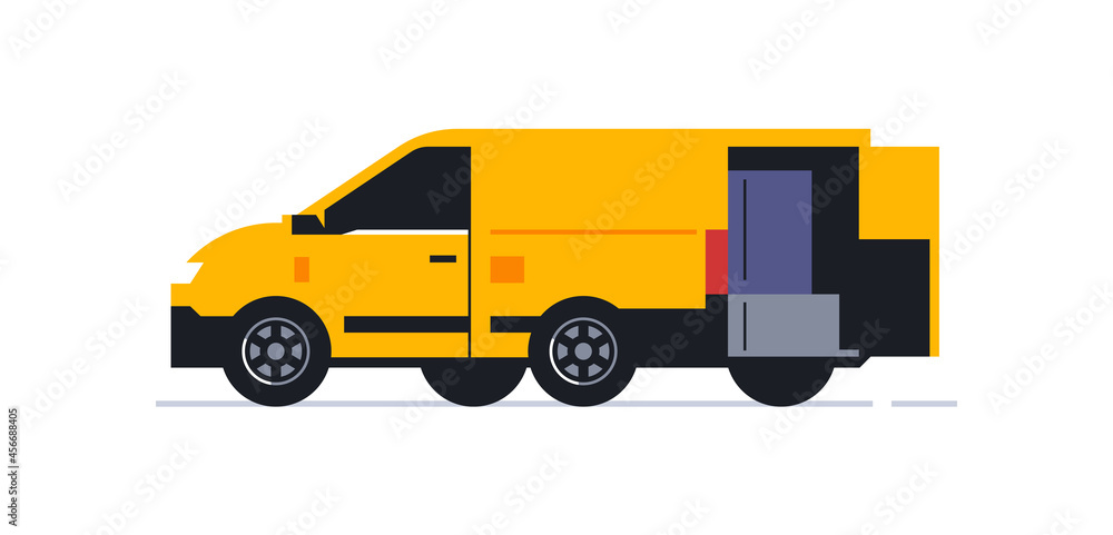 A van for an online home delivery service. Transport for delivery of orders. Van rear view in half turn. Transport with open doors and parcels inside. Vector illustration. A van for an online home delivery service. Transport for delivery of orders. Van rear view in half turn. Transport with open doors and parcels inside. Vector illustration.