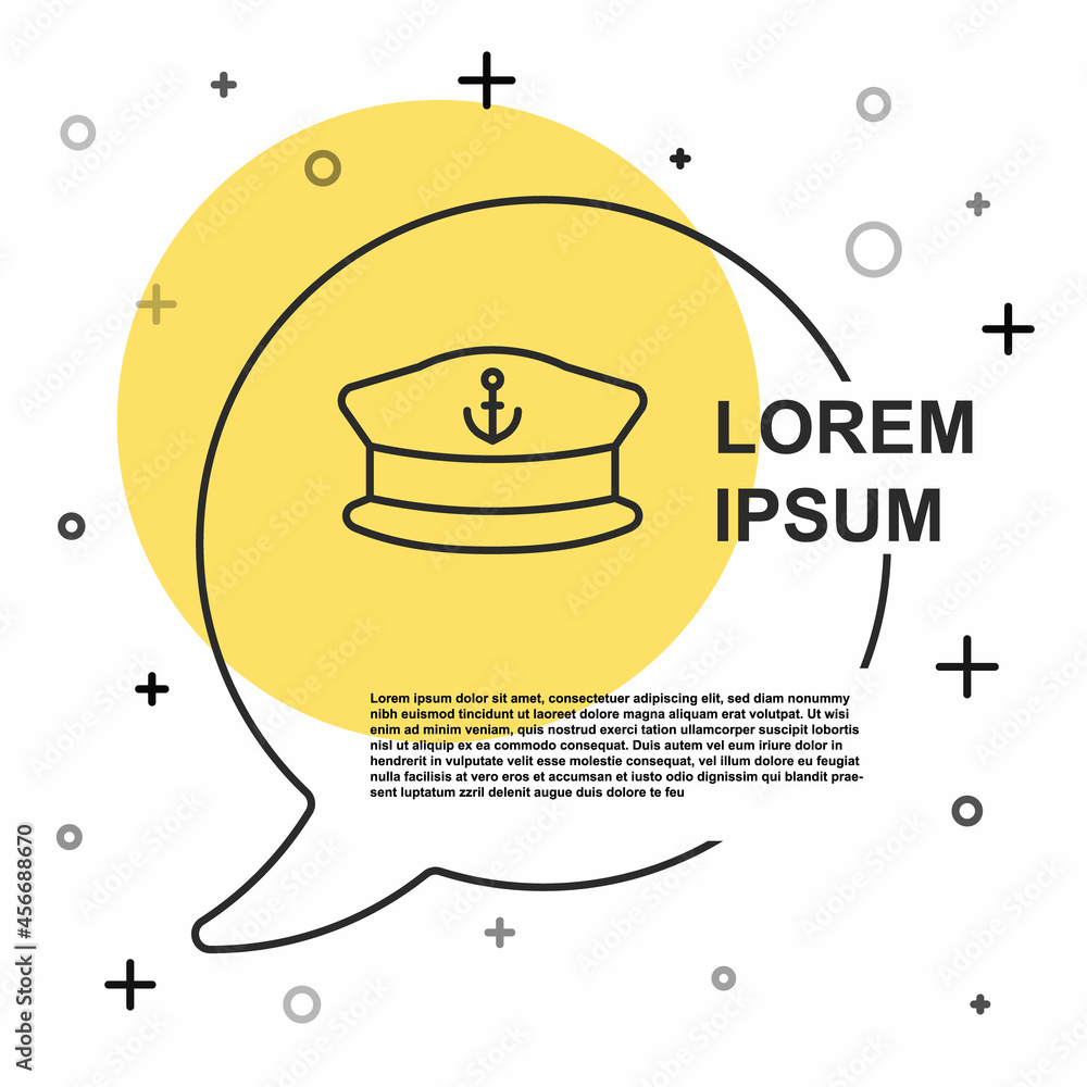 Black line Captain hat icon isolated on white background. Random dynamic shapes. Vector Black line Captain hat icon isolated on white background. Random dynamic shapes. Vector