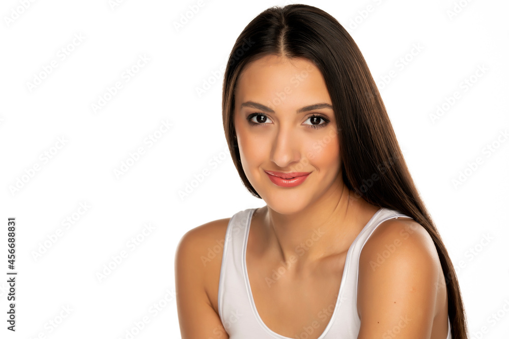 portrait of a young positive woman with long black hair portrait of a young positive woman with long black hair