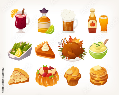 Collection of traditional Thanksgiving day family dinner foods dishes and alcohol beverages. Colorful cute isolated vector images of meals and sweet desserts.