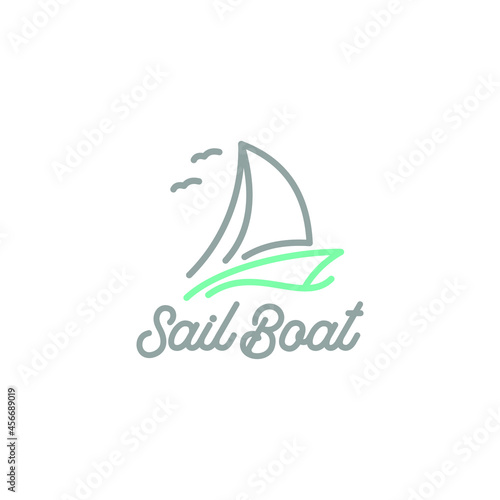 Simple Sailboat dhow ship with waves line art logo design