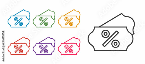 Set line Discount percent tag icon isolated on white background. Shopping tag sign. Special offer sign. Discount coupons symbol. Set icons colorful. Vector