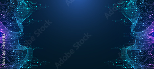 Modern technology circuit board texture background design. Waves flow. Quantum explosion technology. Quantum computer technologies concepts. Futuristic blue circuit board background vector motherboard