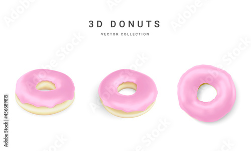 Set of pink donuts isolated on white background. Collection of colorful donuts. Various glazed donuts. Vector illustration