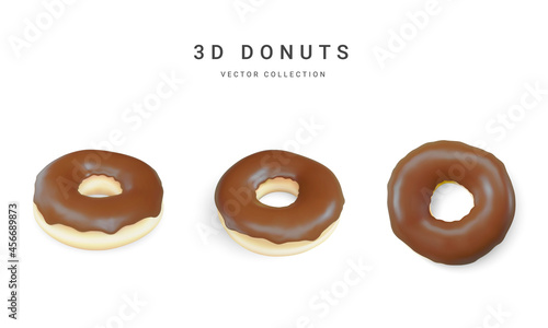 Set of brown donuts isolated on white background. Collection colorful chocolate donuts. Various glazed doughnuts. Vector illustration