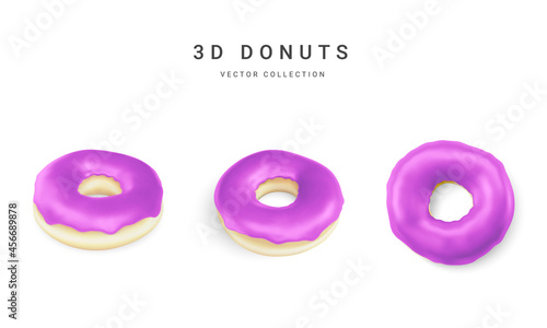 Set of violet donuts isolated on white background. Collection of colorful donuts. Various glazed donuts. Vector illustration
