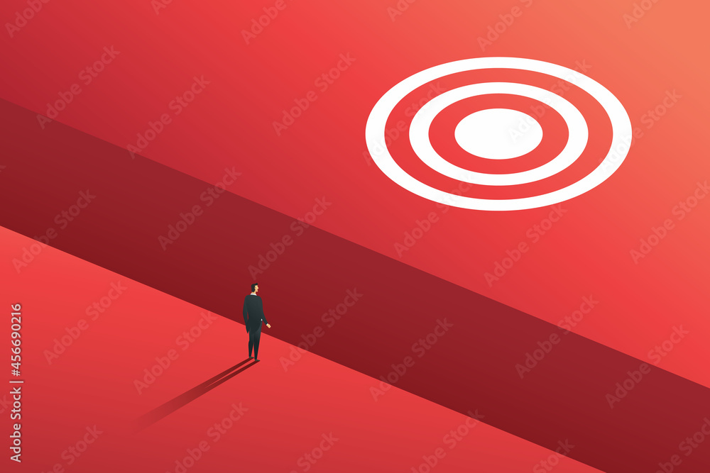 Businessman standing on the edge of the big gap to reach goal. Businessman standing on the edge of the big gap to reach goal.