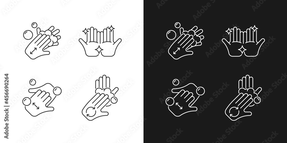 Washing hands instruction linear icons set for dark and light mode. Rub palms together with soap. Cup fingers. Customizable thin line symbols. Isolated vector outline illustrations. Editable stroke