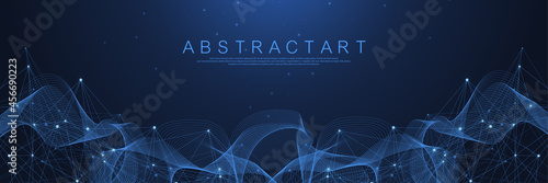 Technology abstract lines and dots connection background. Connection digital data and big data concept. Digital data visualization. Waves flow. Quantum explosion technology. Vector illustration.