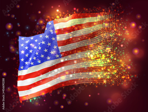 usa, america, vector 3d flag on pink purple background with lighting and flares