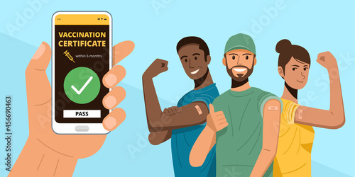 Hand holding smartphone showing vaccinated. Happy people showing their arms after receiving covid-19 vaccination.