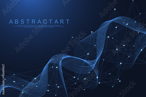 Technology abstract lines and dots connection background. Connection digital data and big data concept. Digital data visualization. Waves flow. Quantum explosion technology. Vector illustration. photo